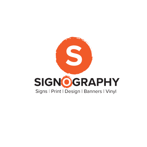 Logo design for Signography featuring an orange circle with a stylised letter "S".